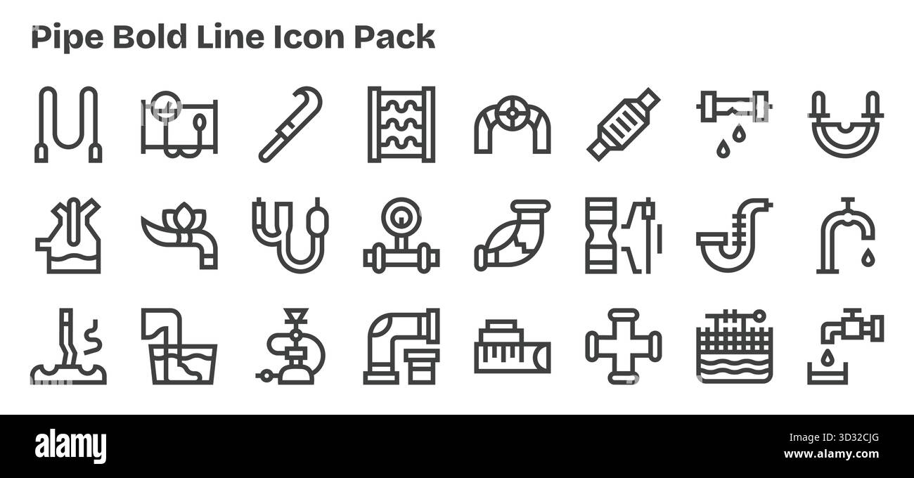 Sammlung von 24 Bold Outline-Vektorsymbolen für Pipe, entwickelt für Klarheit und Vielseitigkeit. Stock Vektor