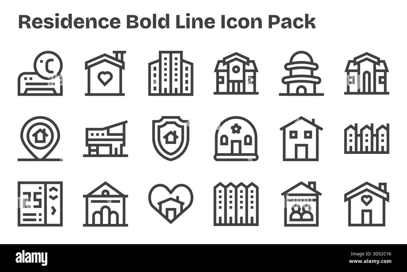 Laden Sie 18 skalierbare Bold Line-Symbole herunter, die speziell für den Wohnbereich entwickelt wurden und für professionelle und kreative Projekte geeignet sind. Stock Vektor
