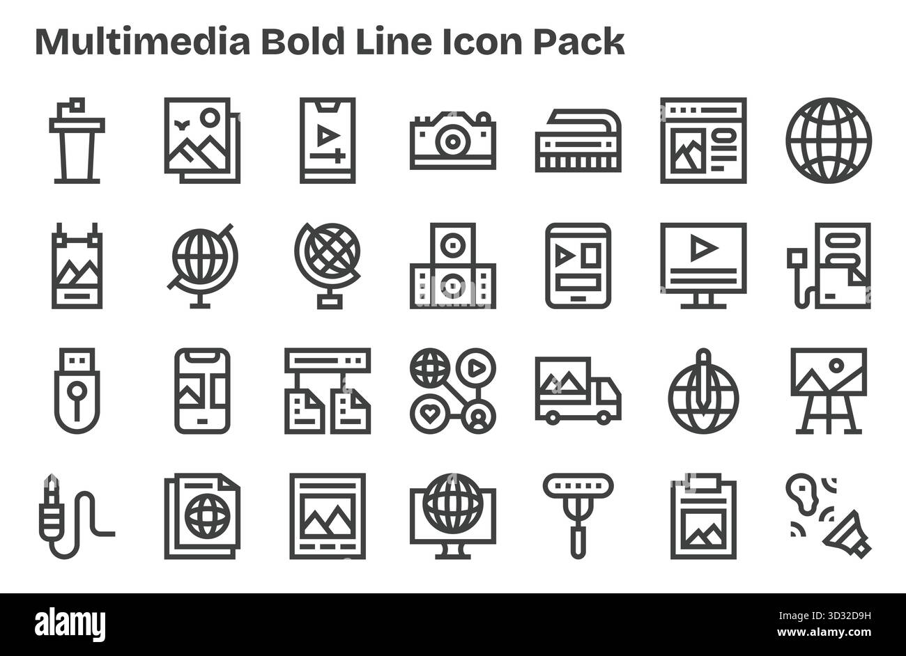 Laden Sie 28 skalierbare Symbole mit extra fetten Linien herunter, die für Multimedia entwickelt wurden und für professionelle und kreative Projekte geeignet sind. Stock Vektor