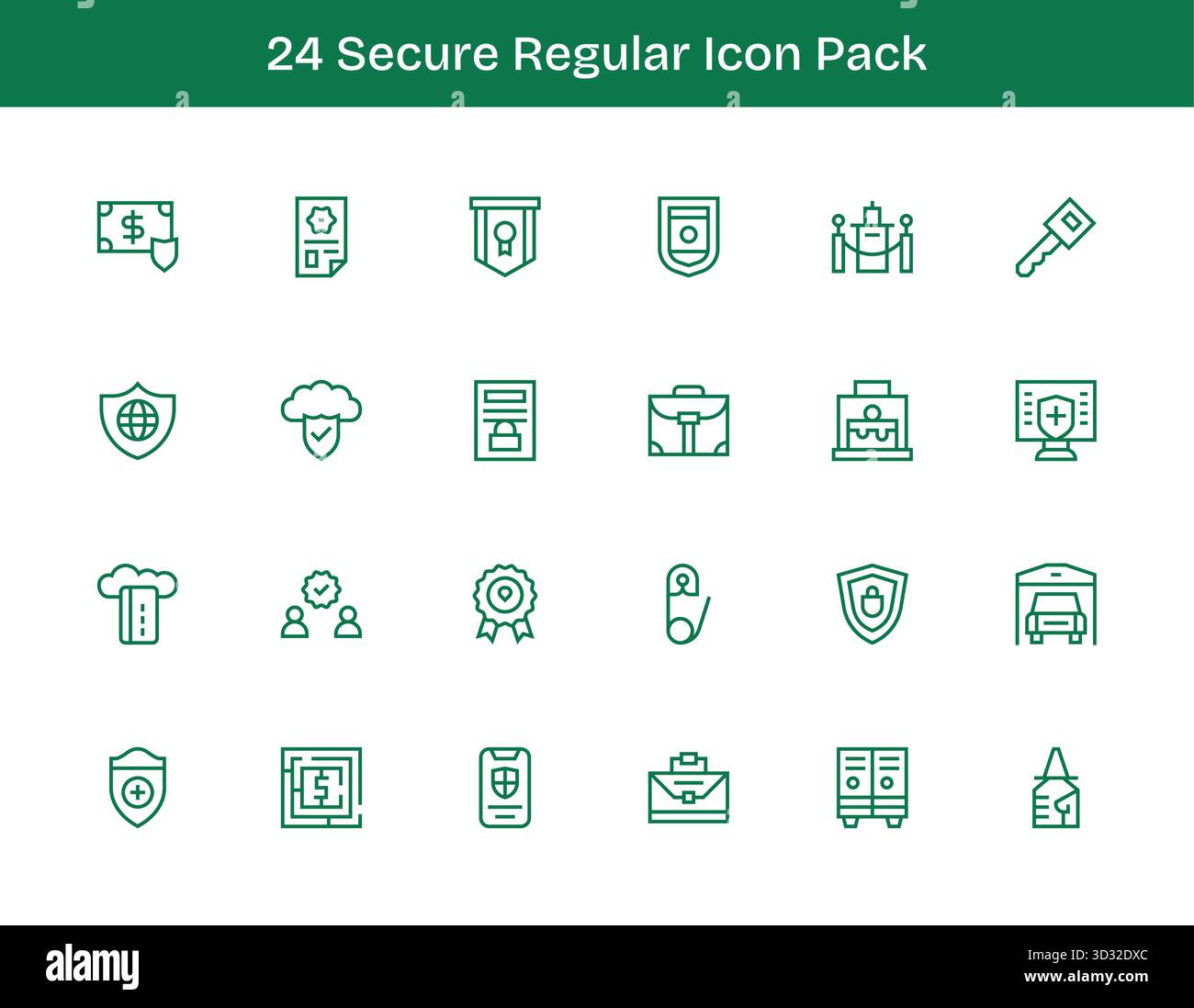 Kuratiertes Paket mit 24 Vektorsymbolen in regulärem Outline-Design, das sich um sichere Konzepte dreht. Stock Vektor