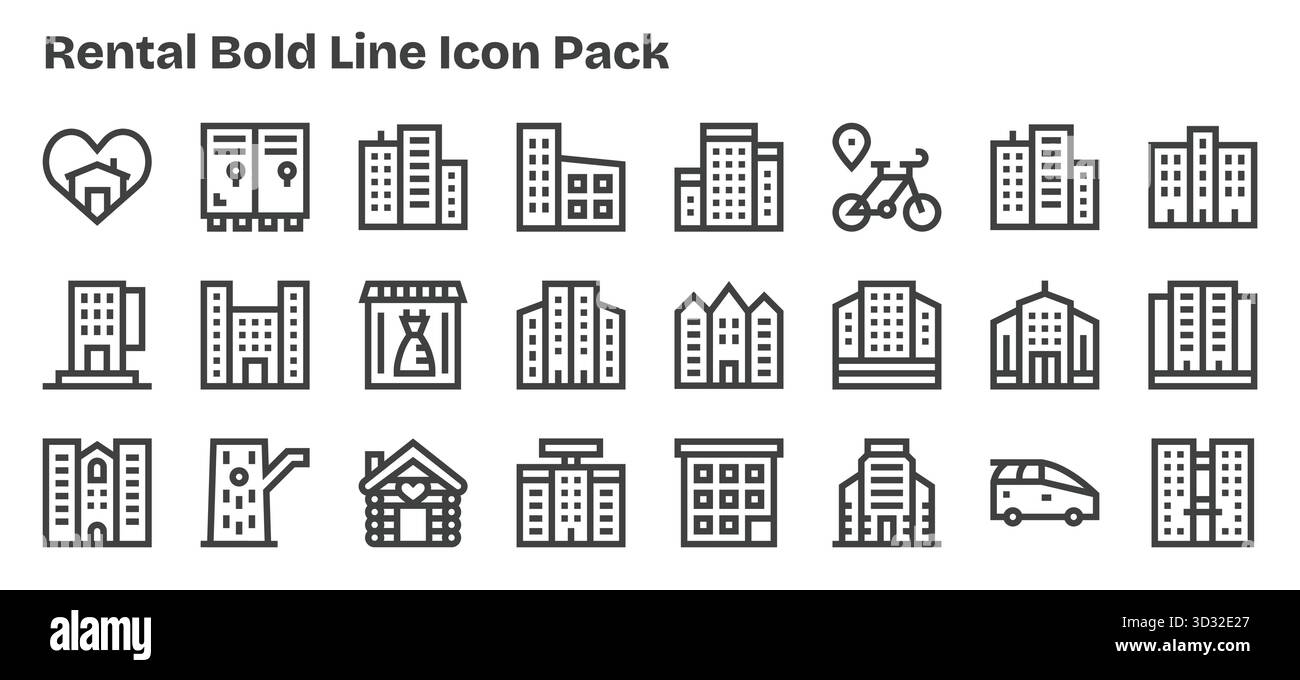 Dieses Rental Icon-Paket enthält 24 Bold Outline-Vektoren, perfekt für die Verbesserung digitaler Schnittstellen. Stock Vektor