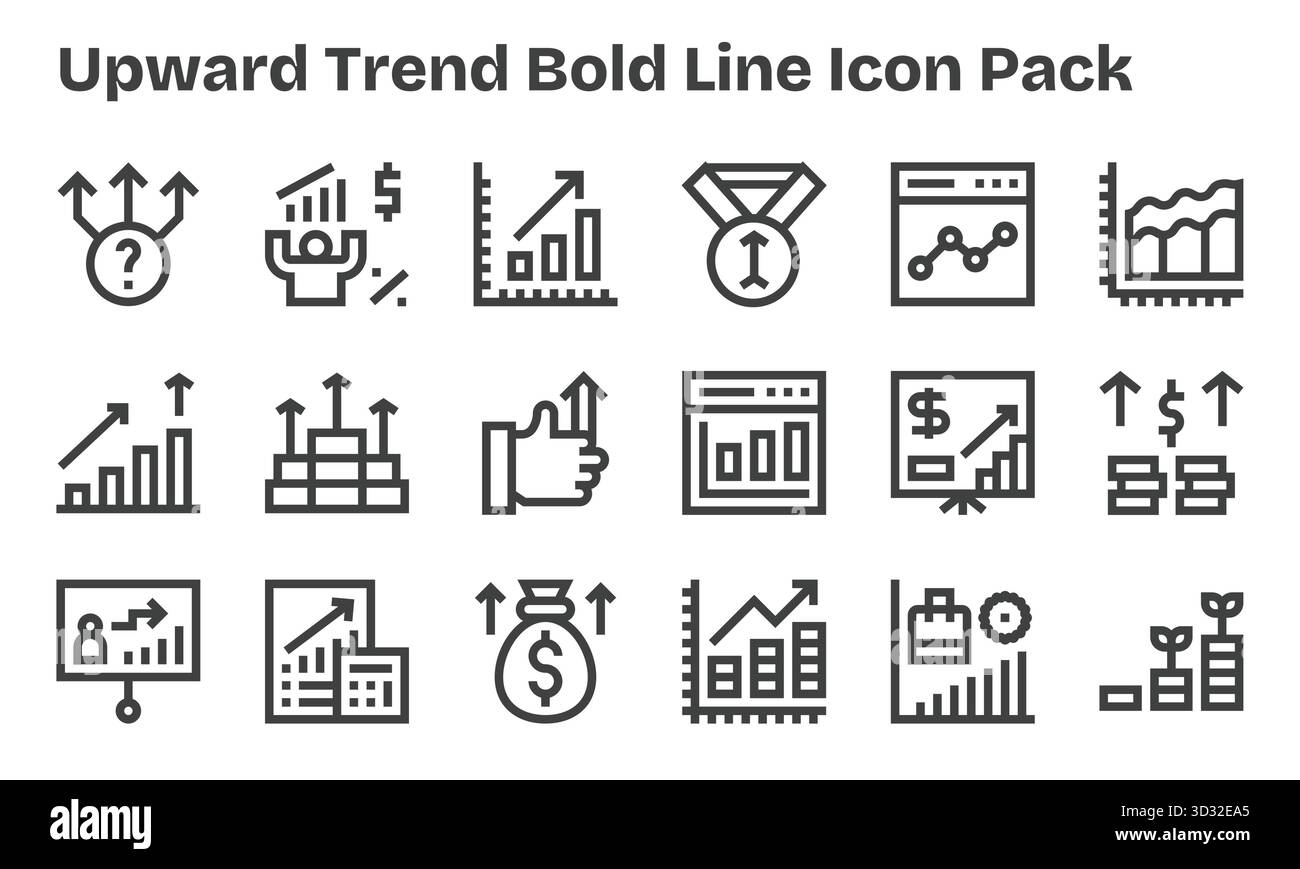 Ein vielseitiger Satz von 18 Vektorsymbolen mit fettgedruckten Linien, die sich auf den Aufwärtstrend konzentrieren und ideal für mobile und Web-Anwendungen geeignet sind. Stock Vektor