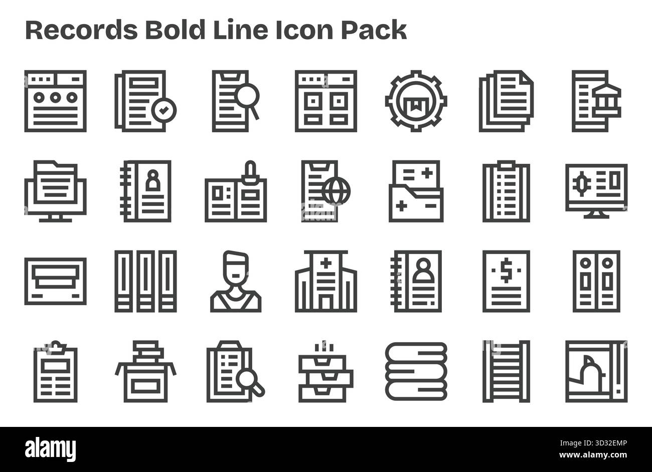 Ein dynamischer Satz von 28 Symbolen im Extra Bold Line-Stil, speziell für Records und für digitale Produkte. Stock Vektor