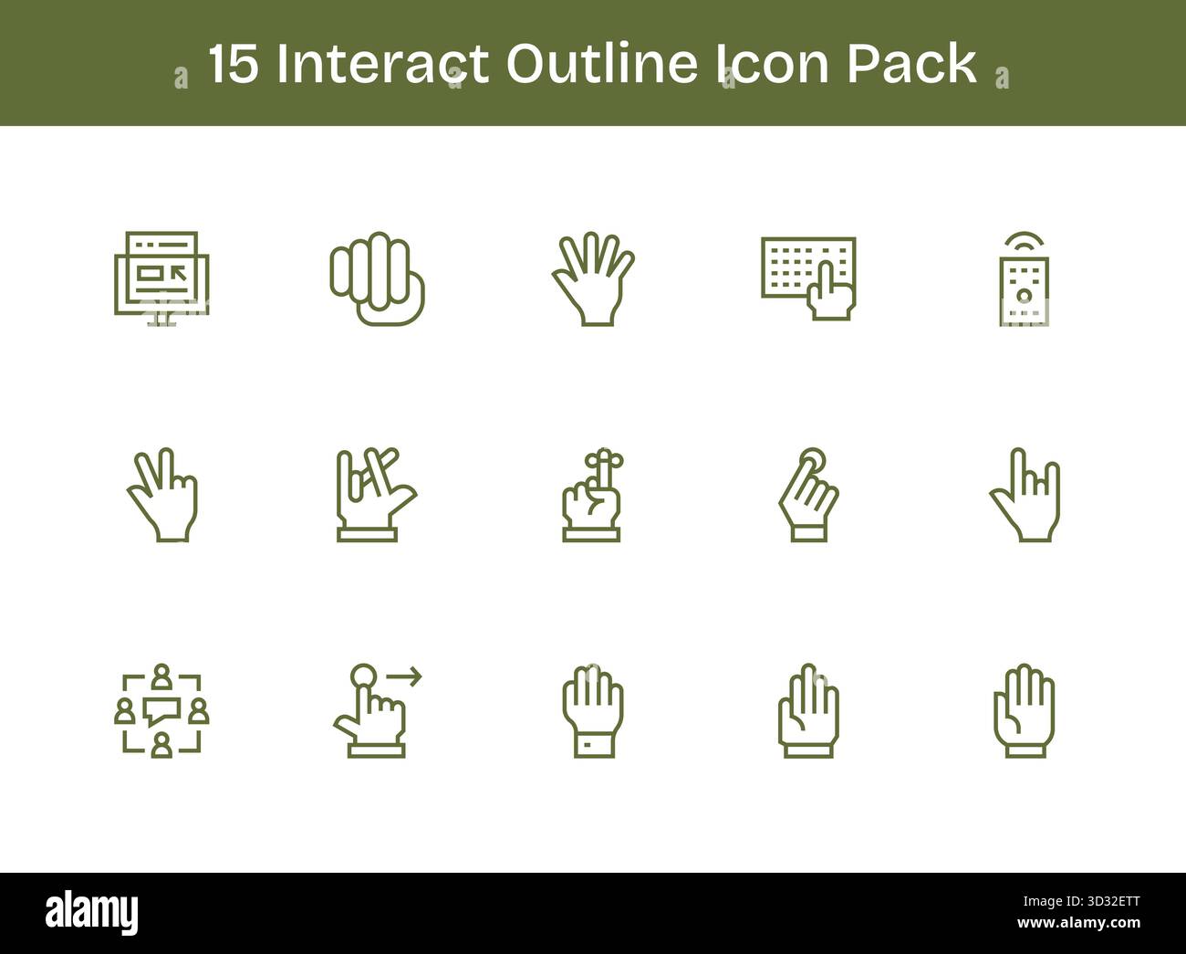 Ein vielseitiger Satz von 15 Konturvektorsymbolen mit Fokus auf Interact, ideal für mobile Anwendungen und Webanwendungen. Stock Vektor