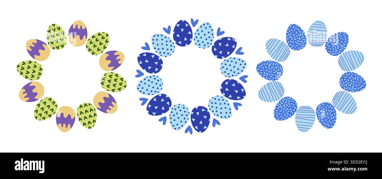 Es werden drei verschiedene Kränze aus dekorativen Eiern in verschiedenen Farben und Mustern gezeigt. Diese Kränze erfassen das Wesen der Frühlingsfeste a Stock Vektor