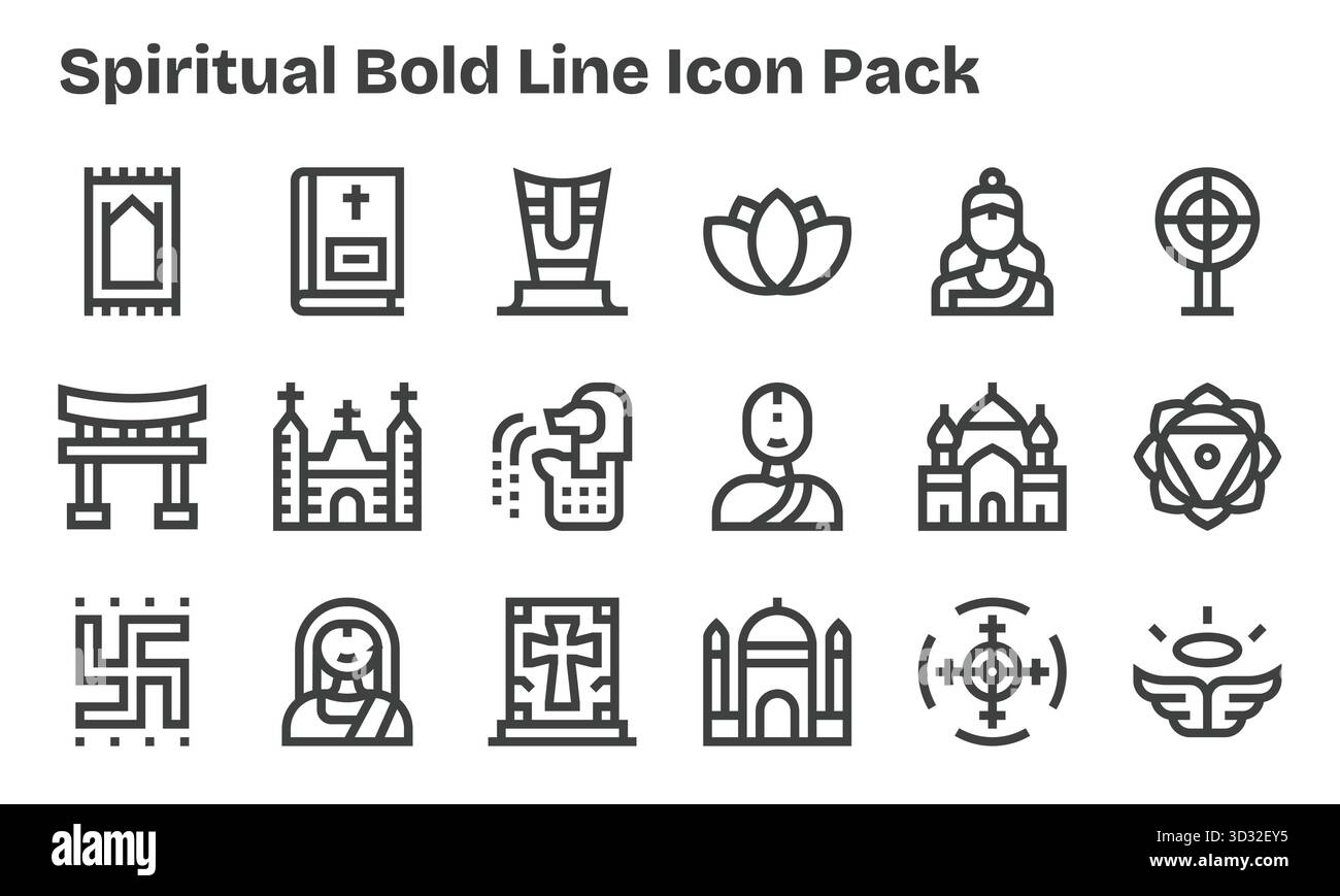 Entdecke 18 Vektorsymbole im Stil der Bold Line, die von spirituellem inspiriert wurden. Perfekt für Web- und App-Schnittstellen. Stock Vektor