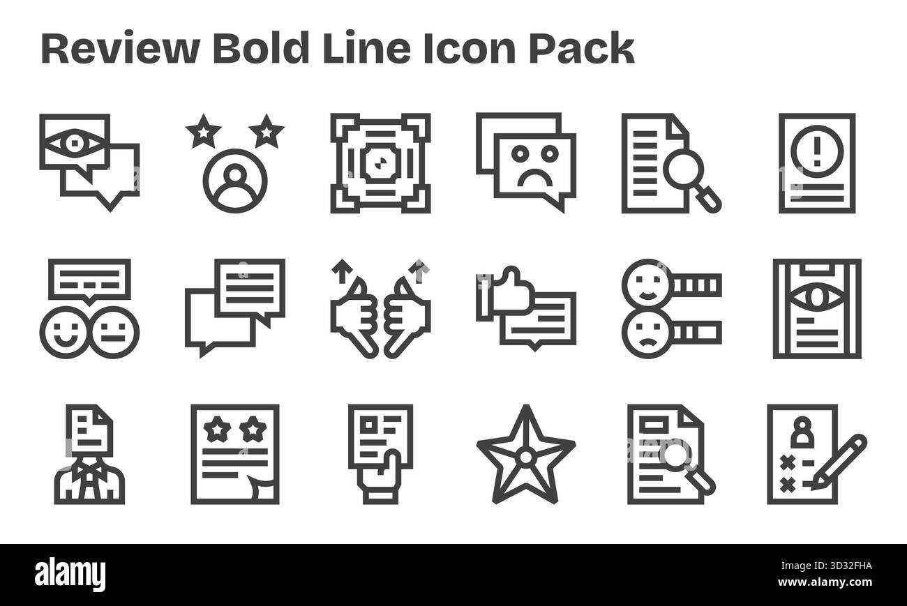 Verbessern Sie Ihre Projekte mit 18 Symbolen mit fettgedruckten Linien, die rund um die Prüfung stehen, ideal für saubere und professionelle Designs. Stock Vektor