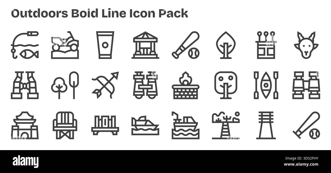 Diese Kollektion enthält 24 Symbole im Outline-Stil, die speziell auf das Thema Outdoor zugeschnitten sind und sich hervorragend für digitales Design eignen. Stock Vektor