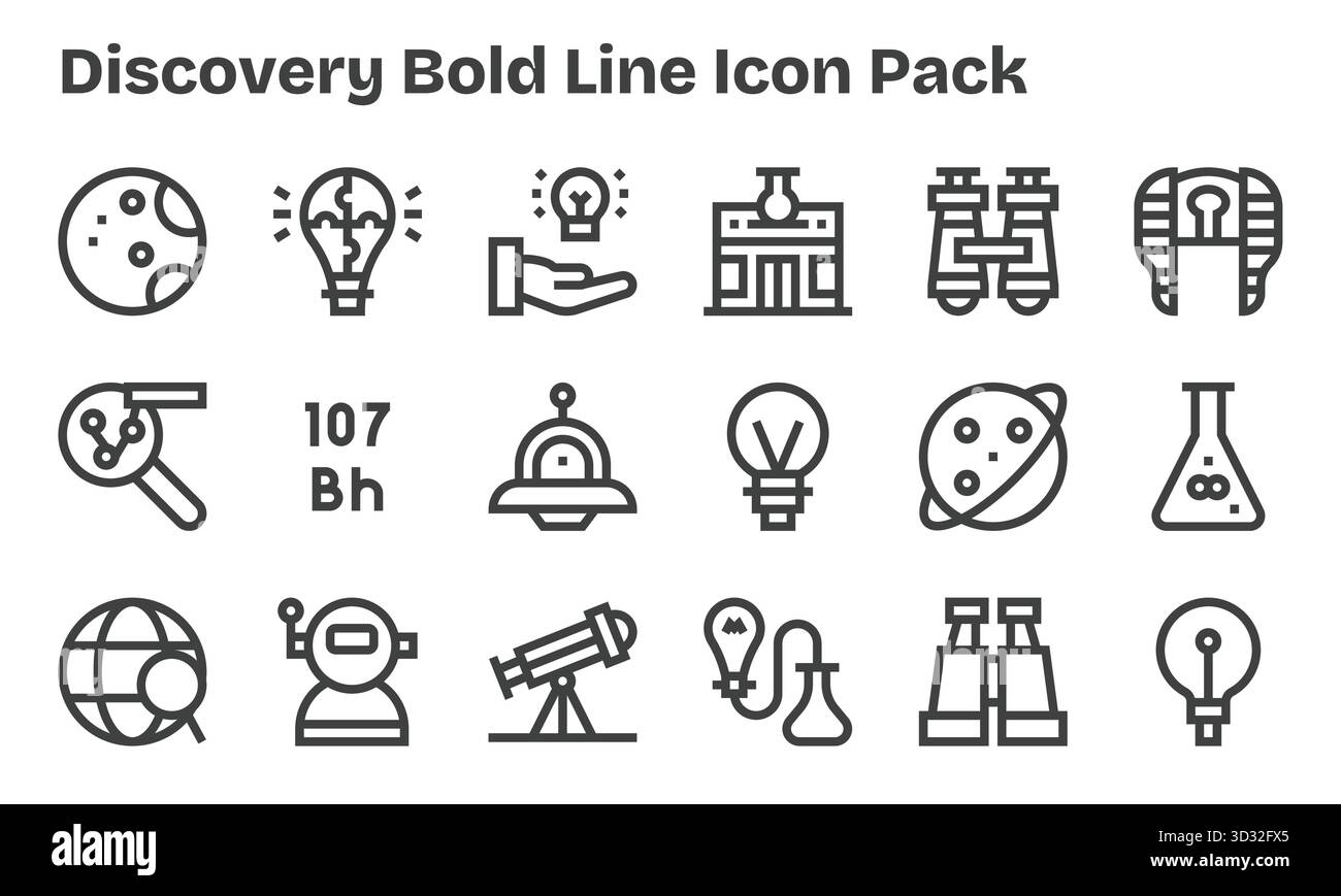 Professionell gestaltete 18 Symbole im Bold Line-Stil, die das Wesen des Discovery für das UI-Design widerspiegeln. Stock Vektor