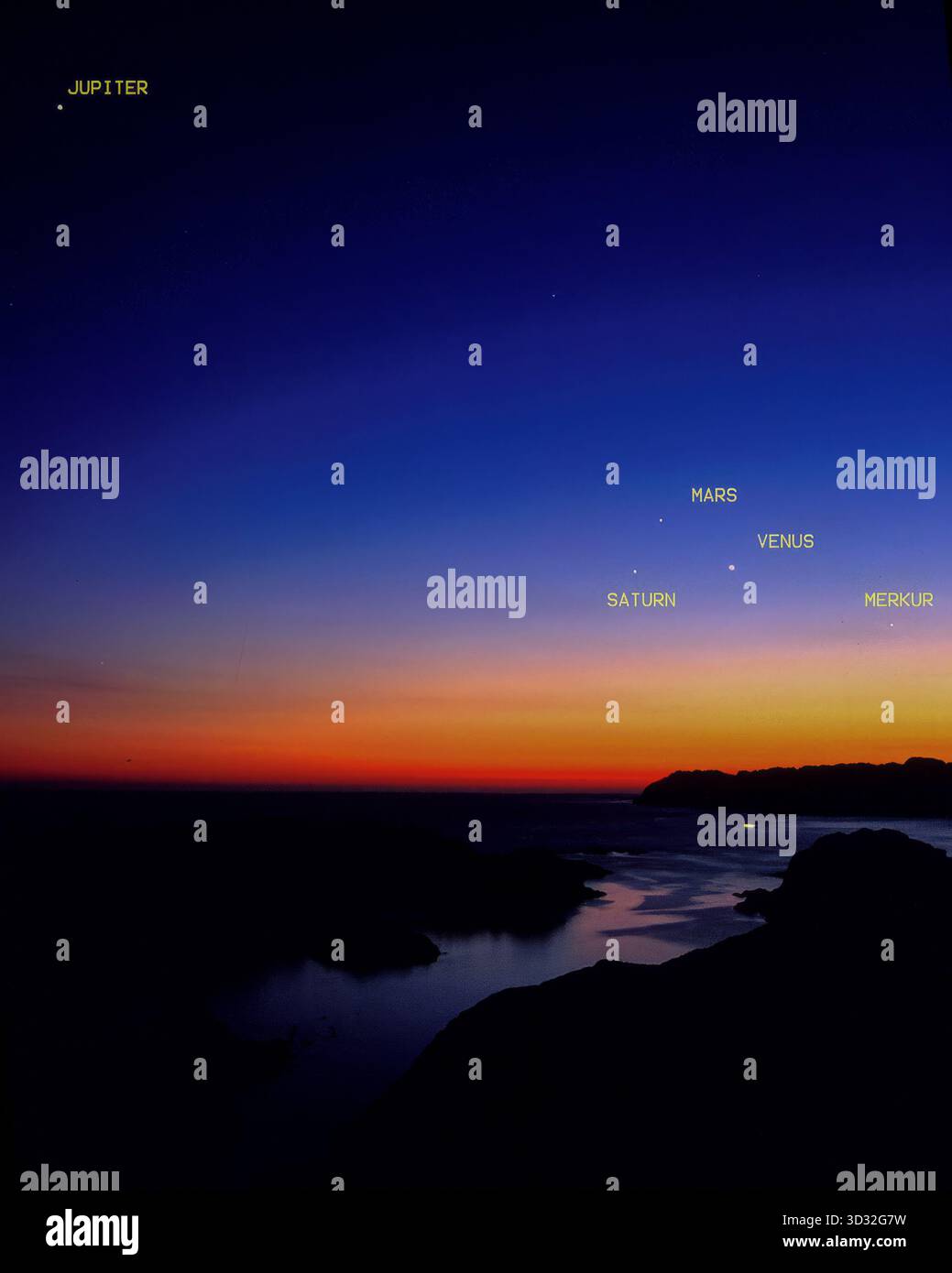 Am 2. Mai 2002 richteten sich fünf Planeten wunderschön zum westlichen Horizont aus, von Hidra aus gesehen. Stockfoto