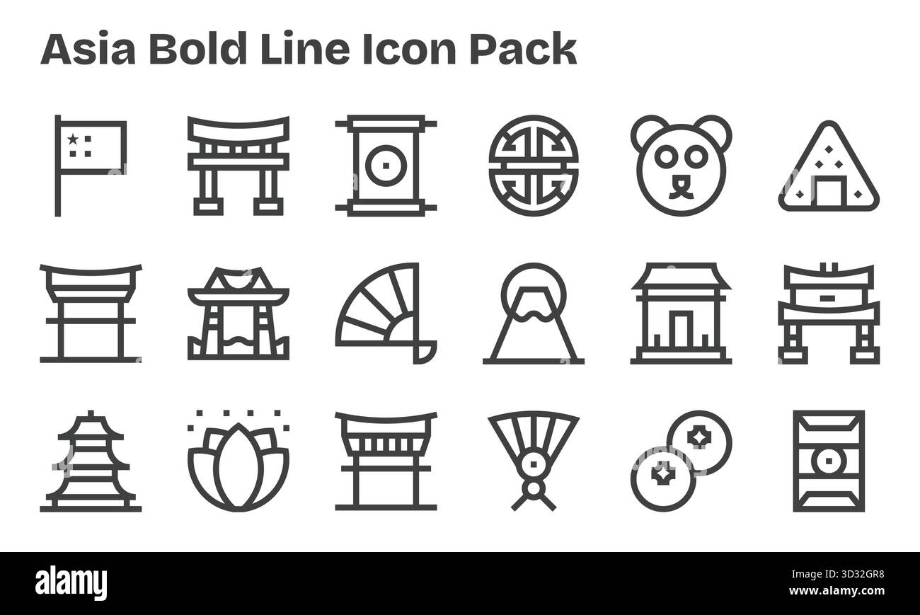 Entdecke 18 Vektorsymbole im Stil der Bold Line, die von Asien inspiriert wurden. Perfekt für Web- und App-Schnittstellen. Stock Vektor