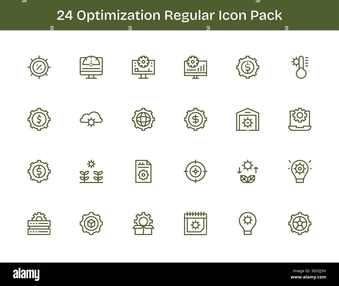 Professionell gestaltete 24 Symbole im regulären Outline-Stil, die das Wesen der Optimierung für das UI-Design einfangen. Stock Vektor