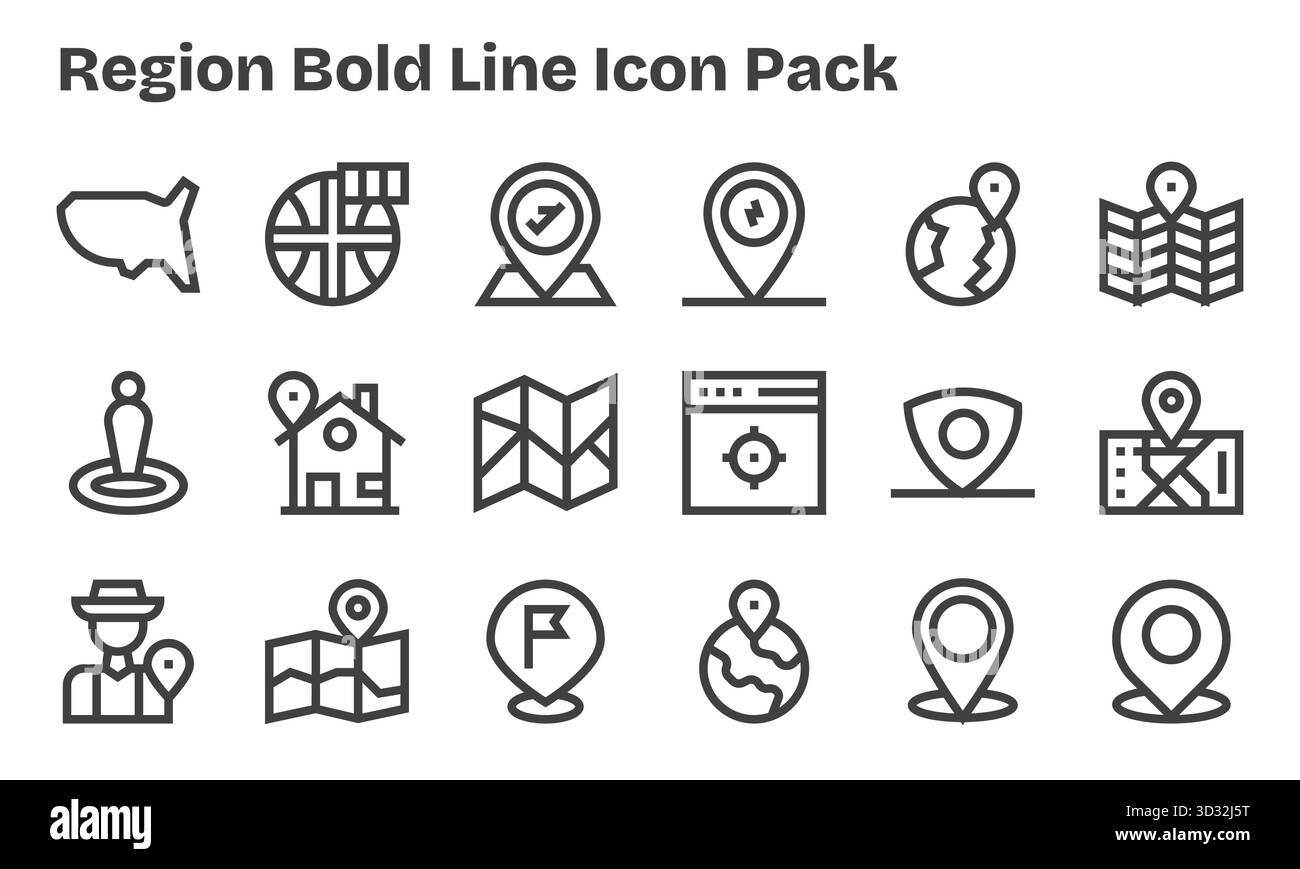 Entdecken Sie ein Set von 18 Symbolen für die Region, die sich ideal für moderne UI/UX-Projekte eignen. Stock Vektor