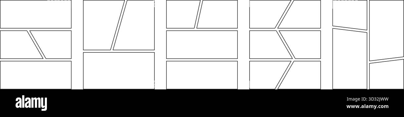 Comic-Panel-Set. Leere Vorlage für Manga-Collage. Bereich für Storyboard-Layout. Leerer Zeilenrahmen für Fotocollage. Comic-Brett-Mockup. Vektor Stock Vektor