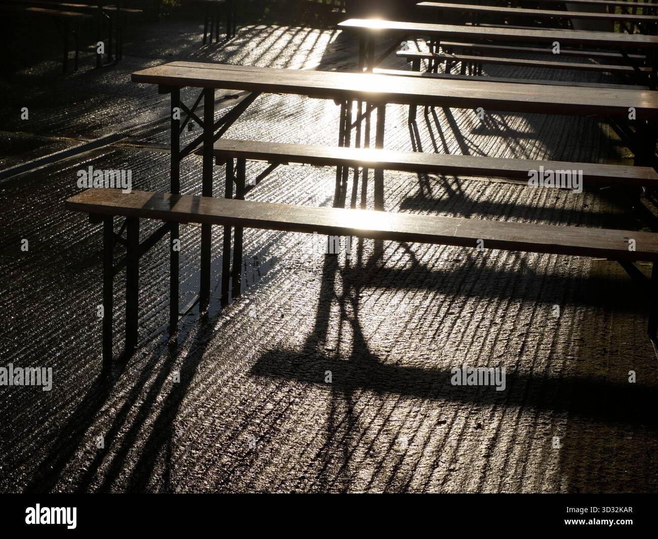 Unerwarteter Anblick im Sandford Industrial Estate - abstrakte Muster von Licht und Schatten bei Sonnenaufgang. Das ist ein ziemlich langweiliger Ort, voller Fabriken, Garagen und dergleichen. Es bietet jedoch ein beeindruckendes geselliges Backhaus, das Brot, Gebäck und andere Köstlichkeiten zubereitet. In der Tat ist es vor Ort ziemlich berühmt geworden. Diese Bänke sitzen draußen, um im Sommer unter freiem Himmel zu essen. Im Winter sind sie jedoch verlassen. Alles, was Sie sehen können, sind diese wunderschönen Muster von Licht und Schatten beim ersten Licht. Stockfoto