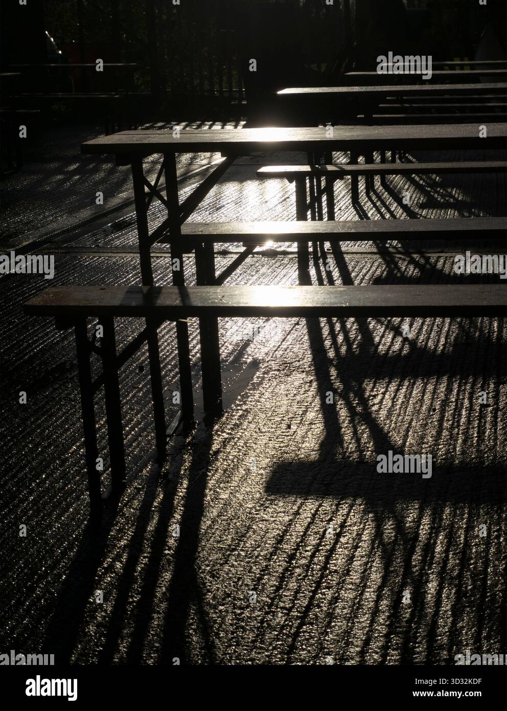Unerwarteter Anblick im Sandford Industrial Estate - abstrakte Muster von Licht und Schatten bei Sonnenaufgang. Das ist ein ziemlich langweiliger Ort, voller Fabriken, Garagen und dergleichen. Es bietet jedoch ein beeindruckendes geselliges Backhaus, das Brot, Gebäck und andere Köstlichkeiten zubereitet. In der Tat ist es vor Ort ziemlich berühmt geworden. Diese Bänke sitzen draußen, um im Sommer unter freiem Himmel zu essen. Im Winter sind sie jedoch verlassen. Alles, was Sie sehen können, sind diese wunderschönen Muster von Licht und Schatten beim ersten Licht. Stockfoto