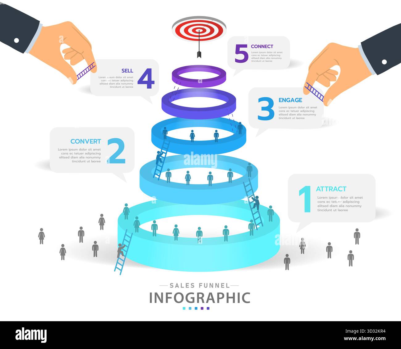 Infografikvorlage für Unternehmen. 5-stufiges Modern Circle Sales Trichterdiagramm mit kreativem Konzept, Präsentationsvektor-Infografik. Stock Vektor