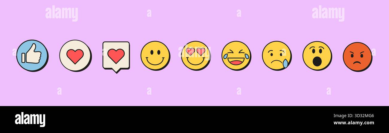 Retro-Symbole für Emoji-Reaktionen im Vaporwave-Stil und Schaltflächen in sozialen Medien. UI-Elemente für soziale Medien. Lächeln, Herz, Daumen hoch, lachen, weinen, wütend Stock Vektor