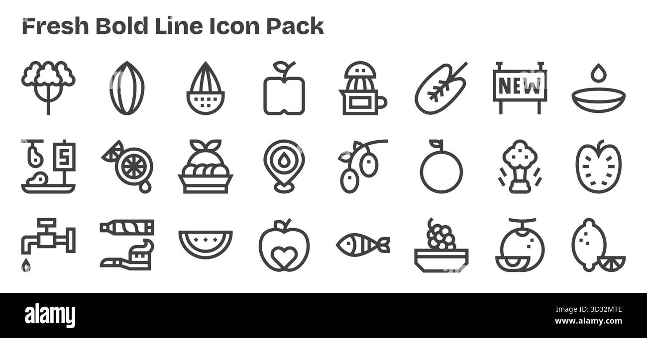 Professionell gestaltete 24 Symbole im Bold Outline-Stil, die das Wesen von Fresh for UI-Design einfangen. Stock Vektor