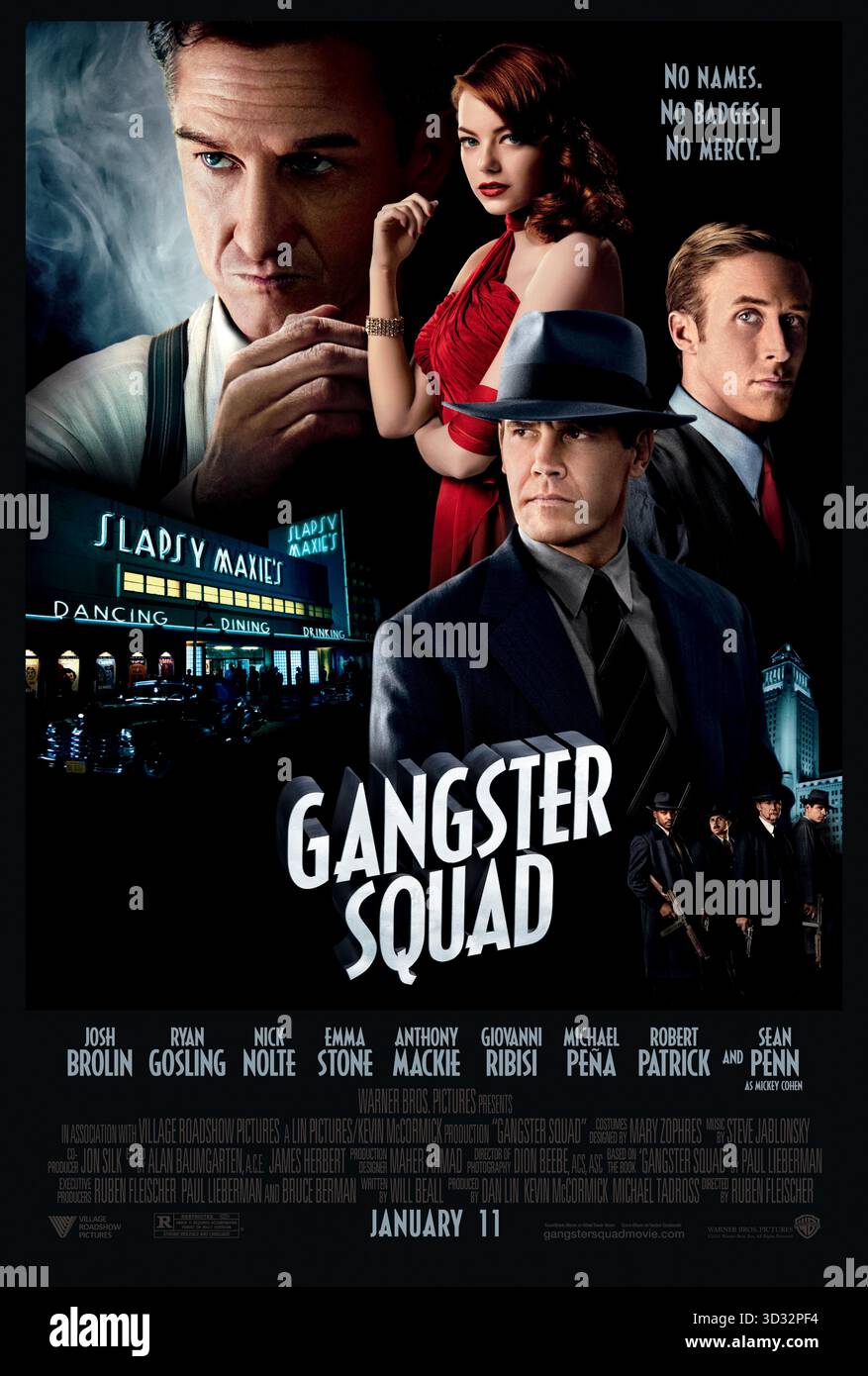 Gangster Squad (2013) unter der Regie von Ruben Fleischer mit Josh Brolin, Ryan Gosling und Sean Penn. Elitepolizisten in Los Angeles bilden 1949 eine geheime Truppe, um den skrupellosen Gangster Mickey Cohen zu töten. US-Poster NUR FÜR REDAKTIONELLE ZWECKE. Quelle: BFA / Warner Bros Stockfoto