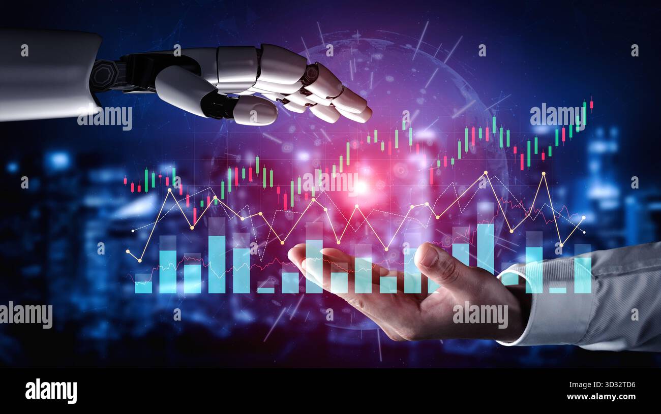 Eine futuristische Szene, die eine Roboterhand zeigt, die auf eine menschliche Hand greift und die Synergie zwischen Technologie und Finanzen durch dynamische Daten symbolisiert Stockfoto