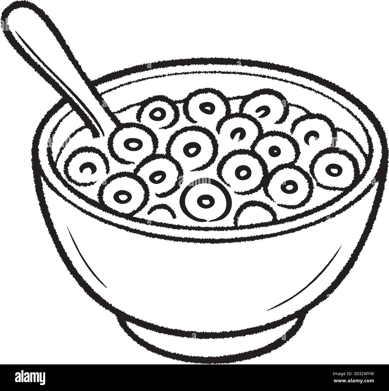 Eine runde Schüssel gefüllt mit ringförmigen Müslistückchen und einem Löffel zum Frühstück Stock Vektor
