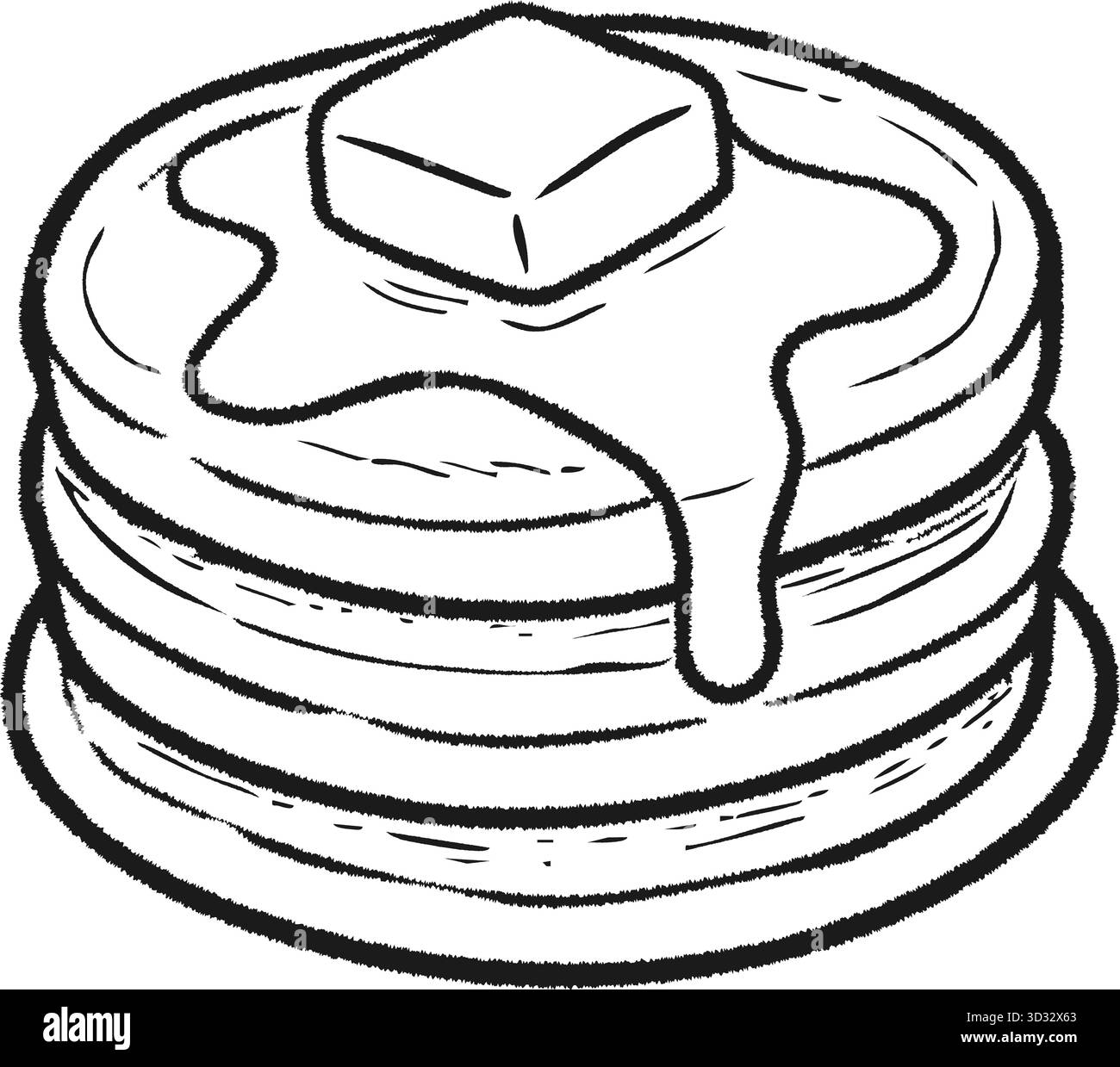 Ein hoher Stapel flauschiger Pfannkuchen wird mit einem Klecks Butter oben und Sirup unten gezeigt Stock Vektor