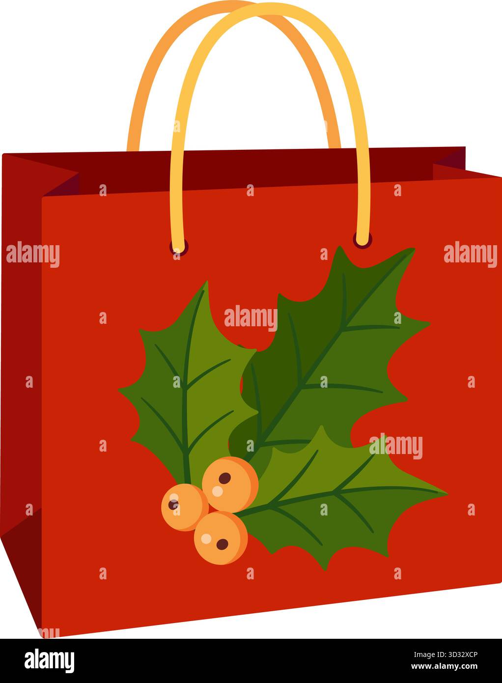 Weihnachtsgeschenktasche mit stechpalmenblättern und roten Beeren. Punktmuster, Griffe. Flache Ausführung isoliert. Für Geschenkverpackungen, Grußkarten, Verpackungsdesign, saisonale Dekoration. Vektorabbildung Stock Vektor