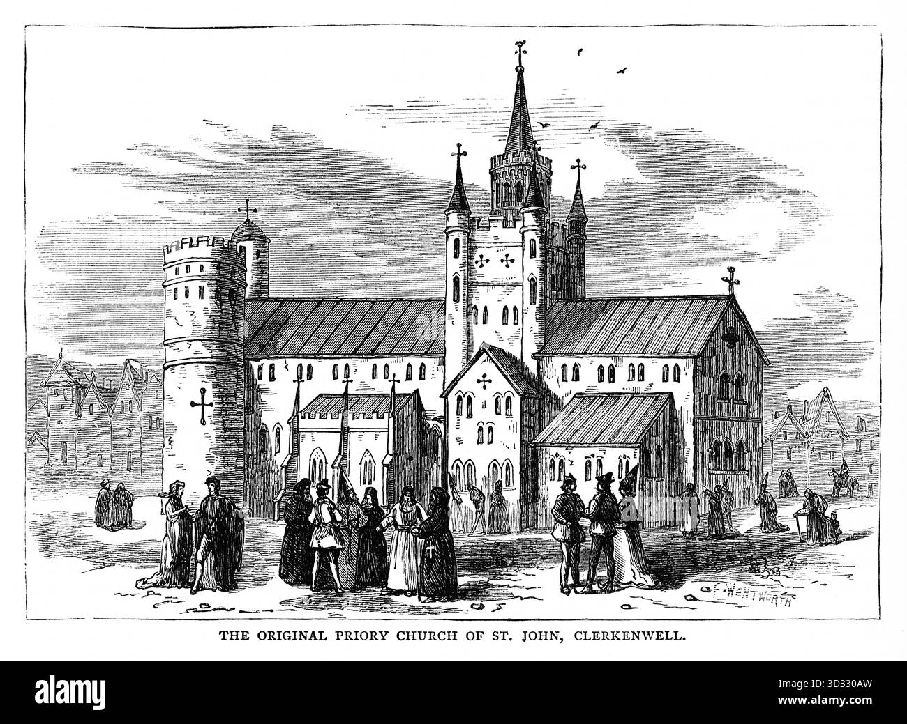 Ein Stich der ursprünglichen Priorienkirche St. John in Clerkenwell, London. Es war ursprünglich Teil des mittelalterlichen Prioriums Stockfoto