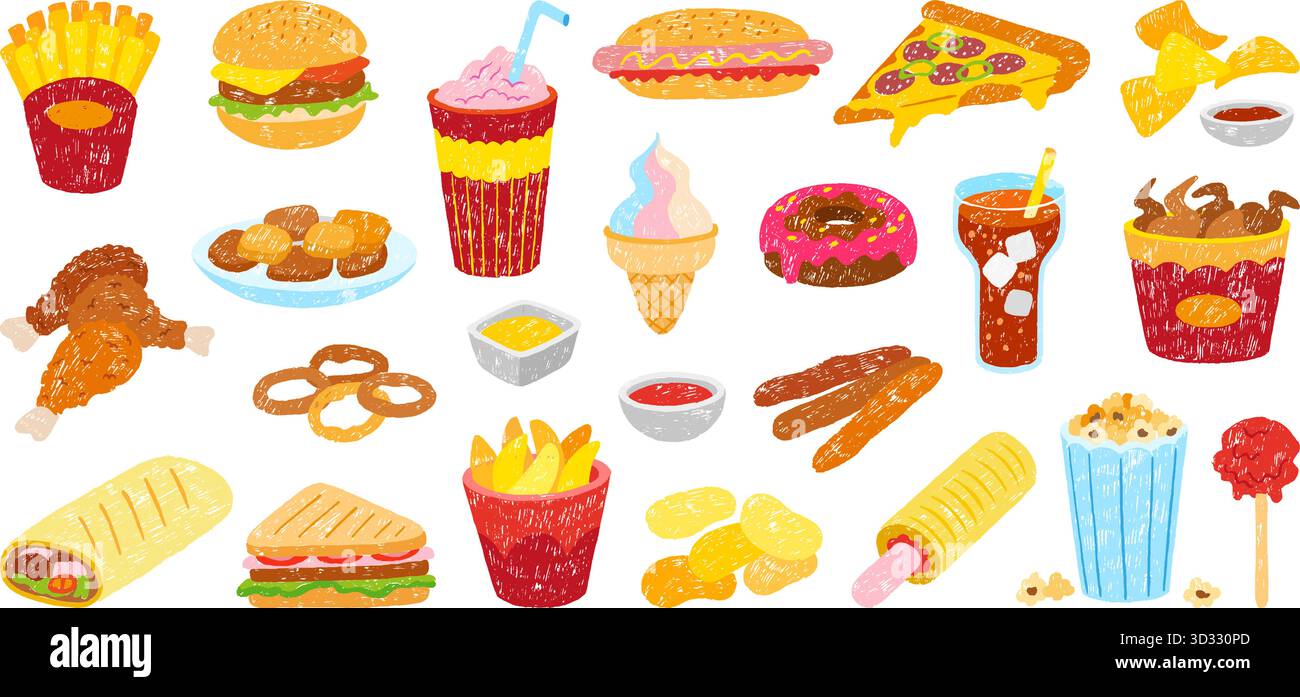 Buntstift zeichnet Fast Food. Kinderstil gezeichnete Pizza Hot Dog Sandwich, Chicken Pommes Frites und Kartoffeln. Straßenmahlzeiten und Getränke, Eis, Popcorn, Neoteri Stock Vektor