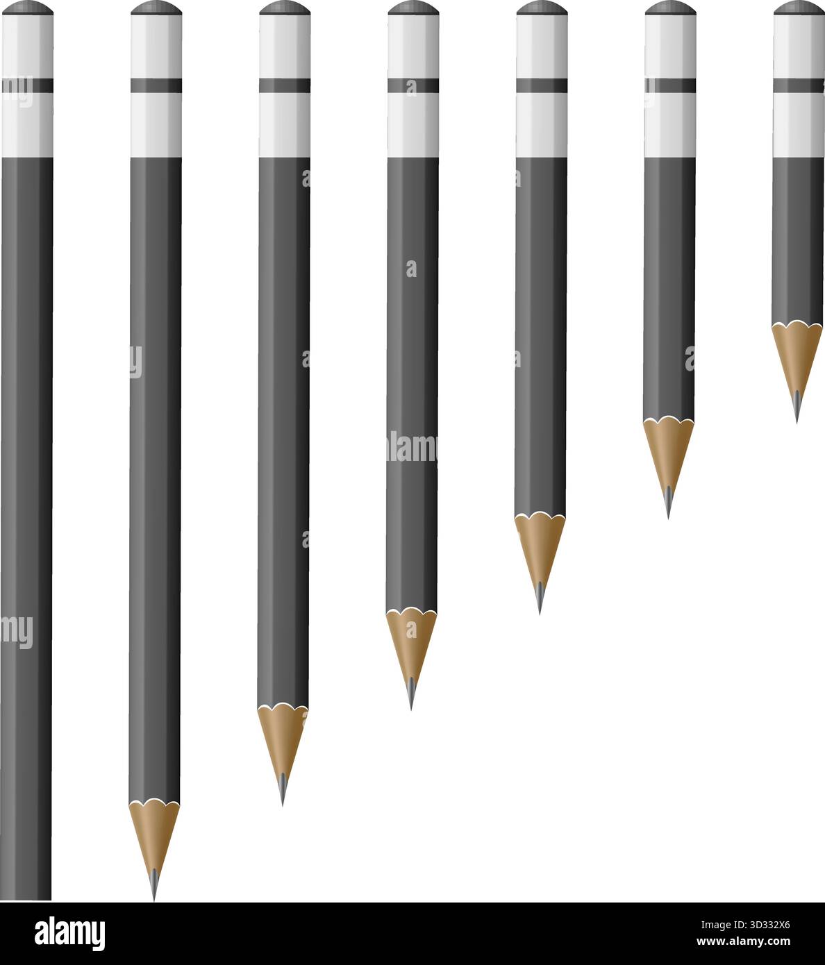 Realistischer Graphit-Bleistift mit unterschiedlichen Schärflängen. Schulwerkzeug. Bürobedarf. Schreibwaren zum Schreiben. Schritte der geschärften Stifte. Scharfe Spitze. Stock Vektor