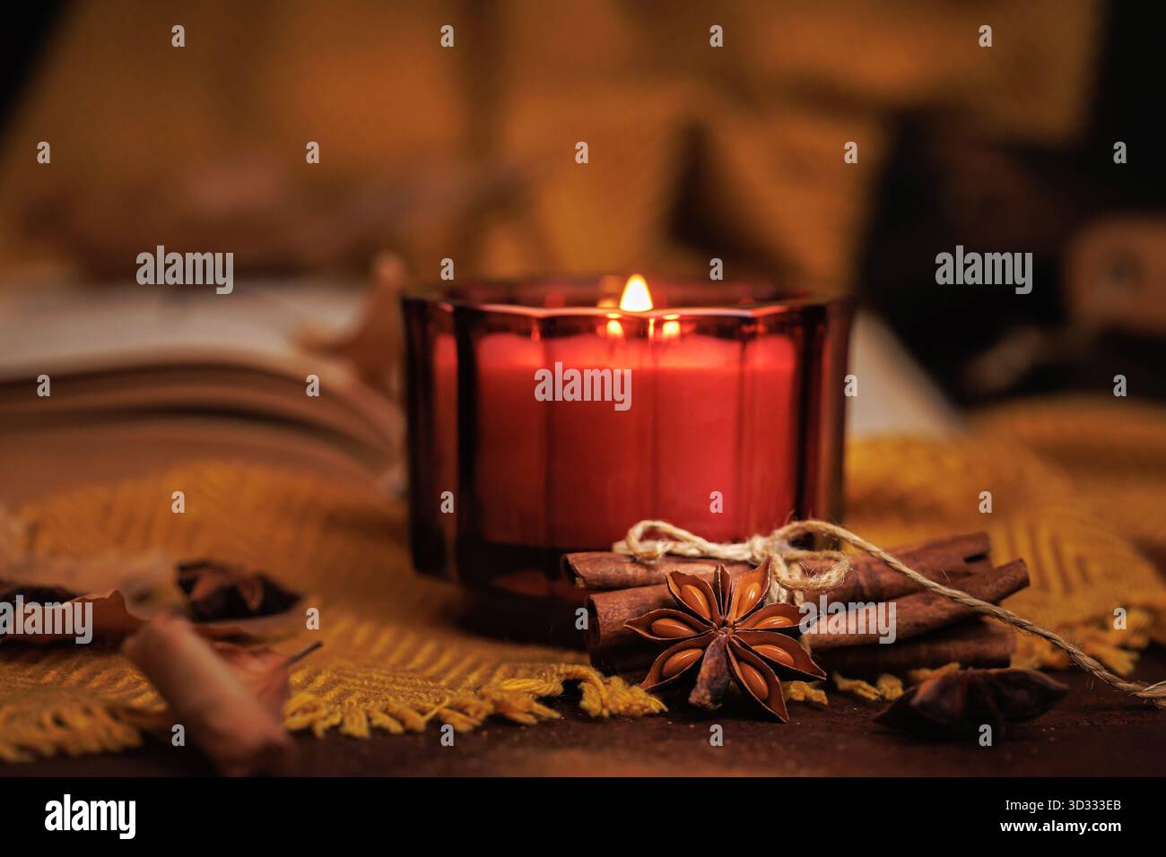 Kerze in herbstlicher Atmosphäre mit Buch und Gewürzen Stockfoto