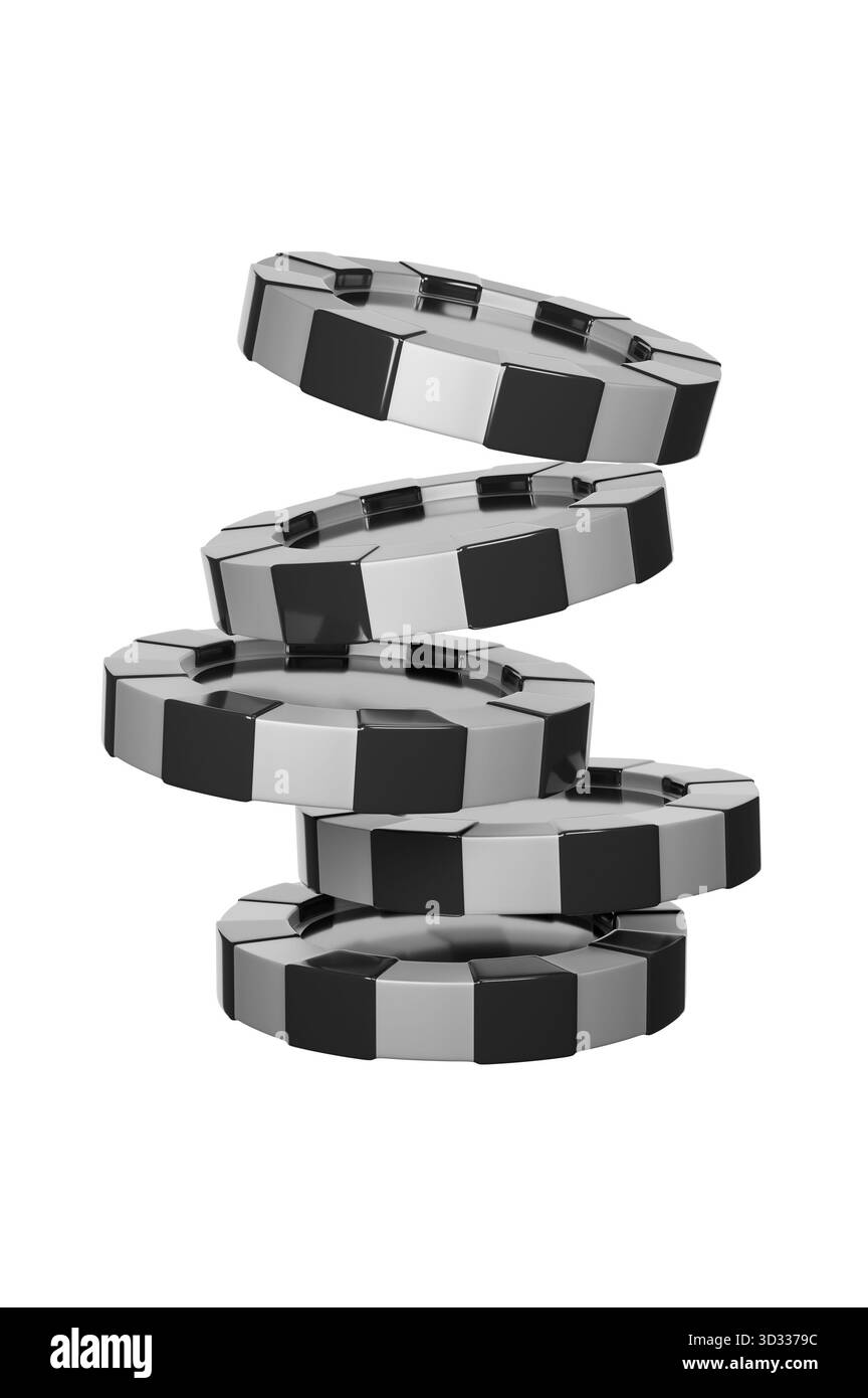 Der Stapel von Casino-Chips ist unsicher ausgeglichen Stockfoto