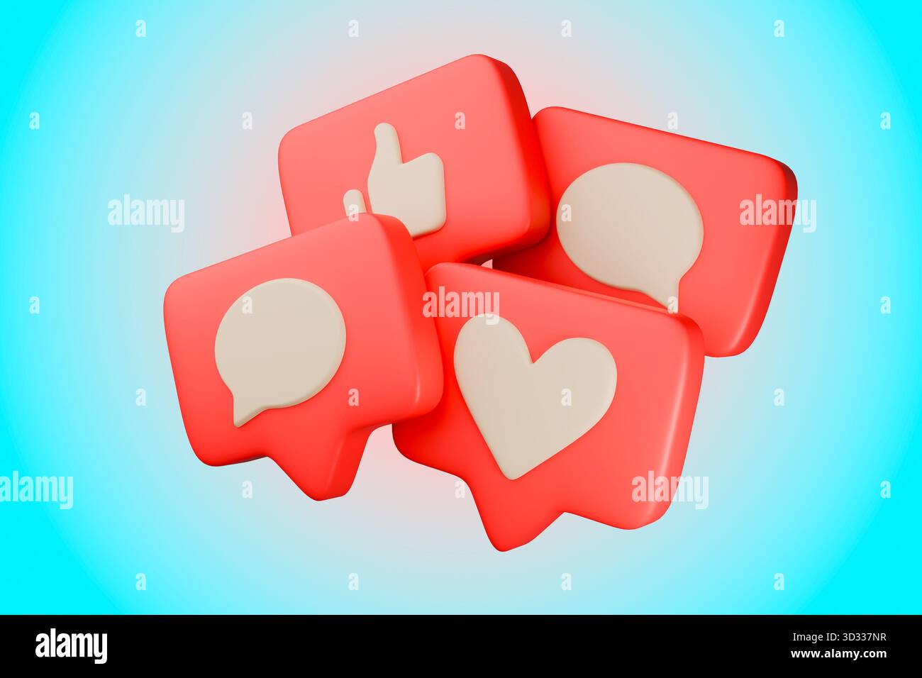 3D-Symbole, die die Interaktion in sozialen Medien wie „gefällt mir“ und „Kommentare“ darstellen Stockfoto