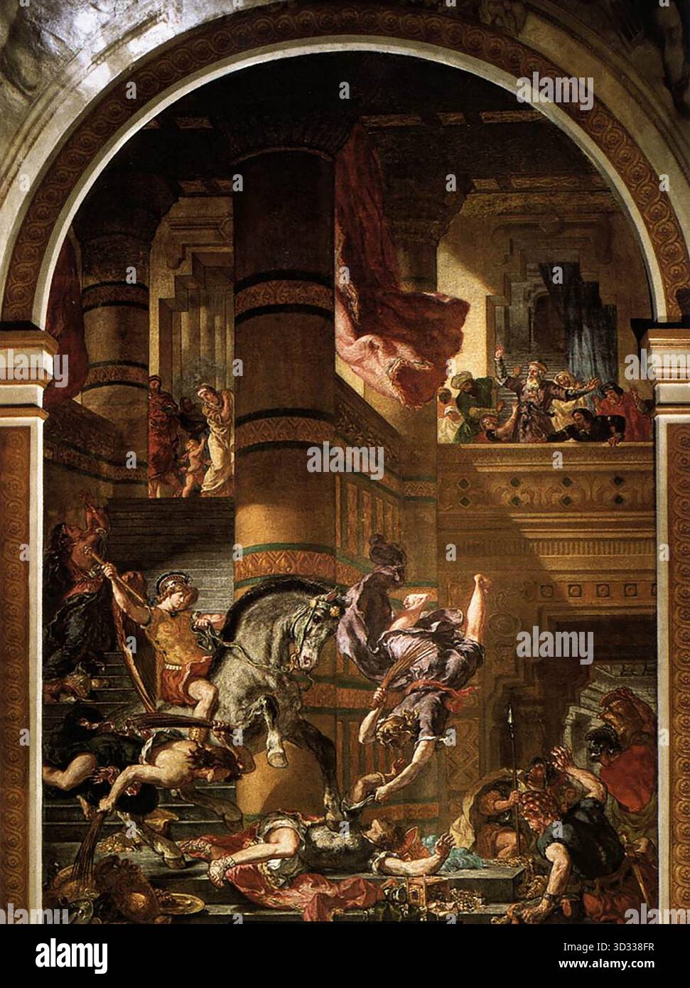 DELACROIX, EUG?ne (* 1798, Charenton-Saint-Maurice, d. 1863, Paris) Heliodoros aus dem Tempel 1854-61 Öl und Wachs auf Gips, 751 x 485 cm Saint-Sulpice, Paris --- Schlüsselwörter: ----------------- Autor: DELACROIX, EUG?ne Titel: Heliodoros aus dem Tempel getrieben Form: Malerei Zeitlinie: 1801-1850 Schule: Französisch Typ: Religiös Stockfoto
