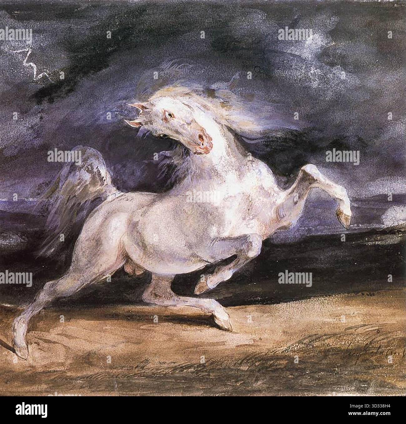 DELACROIX, EUG?ne (* 1798, Charenton-Saint-Maurice, d. 1863, Paris) Pferd erschrocken durch einen Sturm 1824 Aquarell, 240 x 320 mm SZ?pm?V?szeti M?zeum, Budapest --- Schlüsselwörter: ----------------- Autor: DELACROIX, EUG?ne Titel: Pferd erschrocken durch einen Sturm Zeitlinie: 1801-1850 Schule: Französisch Form: Grafik Typ: Genre Stockfoto