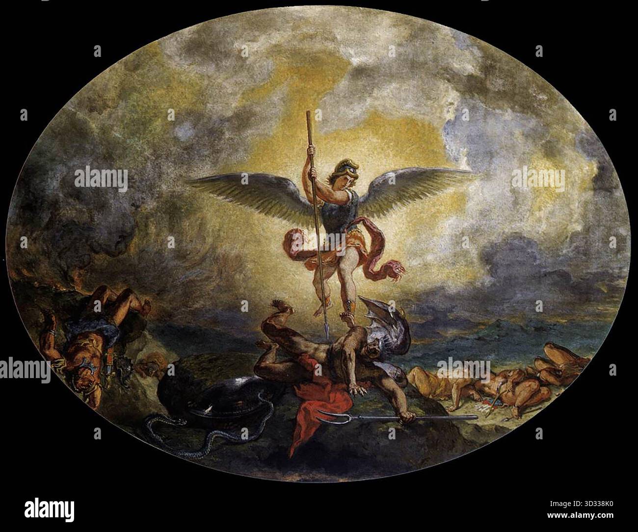 DELACROIX, EUG?ne (* 1798, Charenton-Saint-Maurice, d. 1863, Paris) St Michael besiegt den Teufel 1854-61 Öl und Wachs auf montierter Leinwand, 441 x 575 cm Saint-Sulpice, Paris als anerkannter Meister der monumentalen Stadtdekoration konnte Delacroix es sich leisten, sich von einem der großen Unternehmen seiner Zeit, der Dekoration religiöser Denkmäler, abzuwenden. Aber die Heilige-Anges-Kapelle in der Kirche Saint-Sulpice bot die Gelegenheit für eine Art letztes Testament. Mit einem Erlass vom 28. April 1849 wurde Delacroix beauftragt, eine Kapelle in Saint-Sulpice zu schmücken. Aber die Dringlichkeit verlangt mA Stockfoto