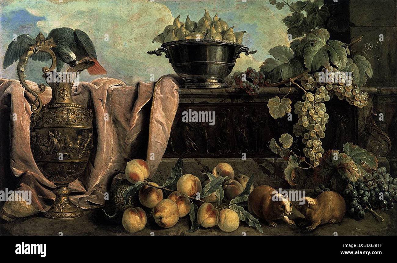 DESPORTES, Alexandre-Fran?ois (* 1661, Champigneulles, d. 1743, Paris) Stilleben mit Ewer 1734 Öl auf Leinwand, 84 x 138 cm Mus?e du Louvre, Paris Alexandre-Fran?ois Desportes kann mit Jean-SIM?on Chardin und Jean-Baptiste Oudry als einer der bedeutendsten Stilllebenmaler Frankreichs im 18. Jahrhundert zusammengefasst werden. Während Chardin Kompositionen aus einfachen Haushaltsgegenständen treu blieb, wandten sich Desportes und Ourdry Jagdszenen, Spielstücken und Tierporträts zu. --- Schlüsselwörter: ----------------- Autor: DESPORTES, Alexandre-Fran?ois Titel: Stillleben mit Ewer Stockfoto