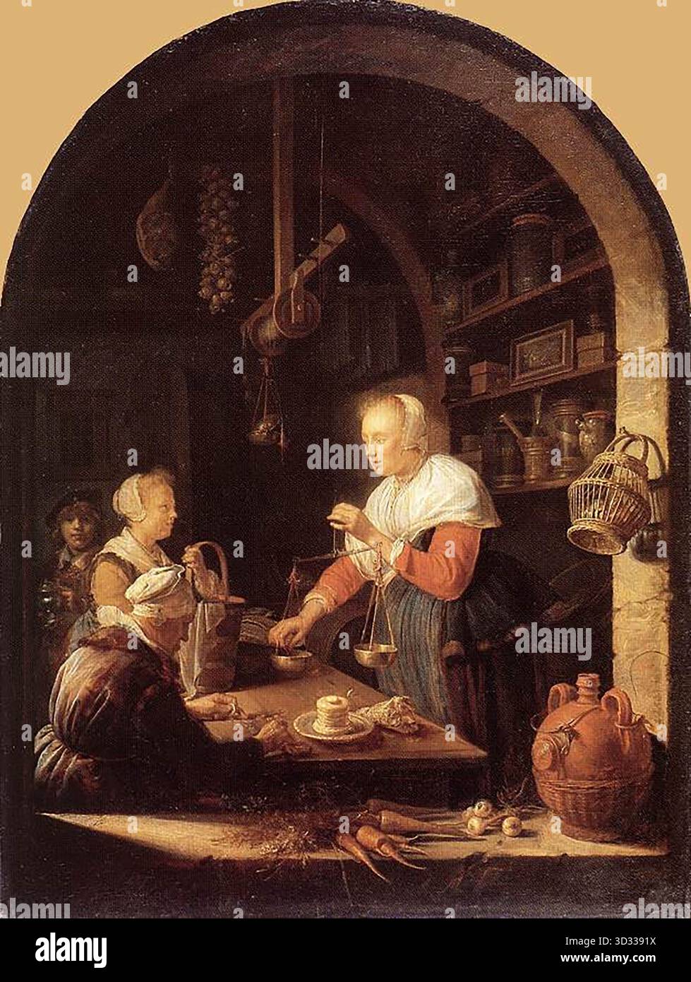 DOU, Gerrit (* 1613, Leiden, d. 1675, Leiden) The Grocer's Shop 1647 Öl auf Holz, 38,5 x 29 cm Mus?e du Louvre, Paris Dou popularisierte die kompositorische Vorrichtung einer Figur, die bei einer Beschäftigung an einem Fenster beschäftigt war. Das früheste datierte ist der Lebensmittelgeschäft im Louvre. Bald darauf kommt das Fenstermotiv häufig in der Leiden-Schule vor. Die Fensterrahmen werden schnell raffinierter, unter den Schwellen werden Basreliefs eingeführt und die Fenster sind mit Vorhängen versehen. --- Schlüsselwörter: ----------------- Autor: DOU, Gerrit Titel: The Grocer's Shop Time-Line: 1651-1700 Schule: Niederländisch für Stockfoto