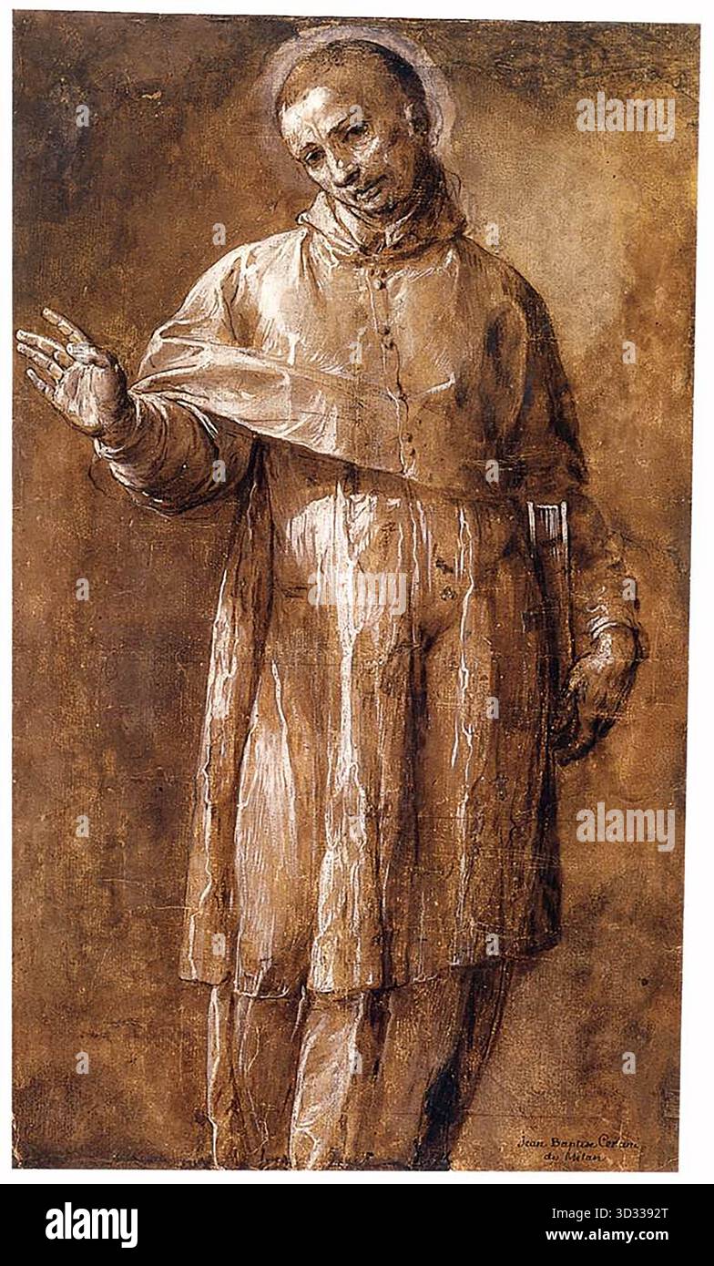 CRESPI, Giovanni Battista (* ca. 1575, Cerano, d. 1632, Milano) St Carlo Borromeo - Stift, Pinsel und braune Tinte, weiße Erhöhung über schwarzer Kreide, auf braunem Papier, 462 x 269 mm Metropolitan Museum of Art, New York diese imposante Zeichnung ist eine Studie für den San Carlone in Arona, eine kolossale Statue des Heiligen Carlo Borromeo, die von seinem Cousin Auftrag gegeben wurde. Durch eine Reihe von Unterbrechungen wurde die Statue schließlich gegossen und Ende des 17. Jahrhunderts errichtet. --- Schlüsselwörter: ----------------- Autor: CRESPI, Giovanni Battista Titel: St. Carlo Borromeo Tim Stockfoto
