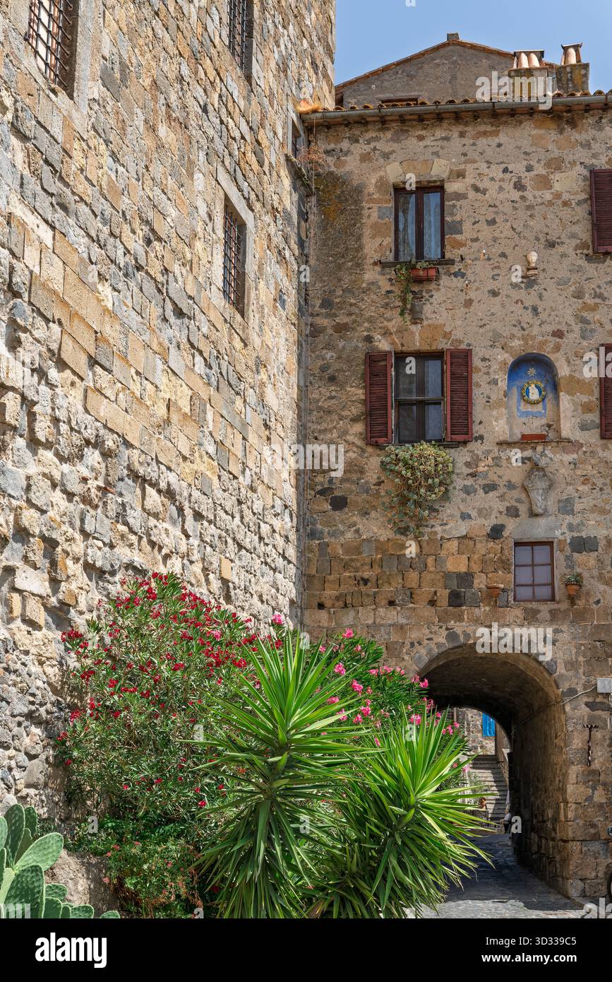 Italien - Bolsena - Steingang - Bogengang unter dem Haus mit Schrein Nische, blühenden Sträuchern und mittelalterlichen Mauern Stockfoto
