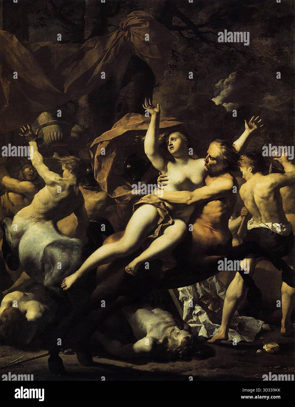 DUJARDIN, Karel (* 1622, Amsterdam, d. 1678, Venezia) die Schlacht von Zentauren und Lapithen bei Hippodamias Hochzeit 1667 Öl auf Leinwand, 177 x 139 cm Stiftung Preußischer Schl?sser und Garten, Potsdam das Thema des Gemäldes stammt aus Ovid. Die Lapithen, ein friedliebendes Volk von Thessalien, feierten die Hochzeit ihres Königs Pirithus mit Hippodamien. Die Zentauren wurden eingeladen, aber sie begannen sich schnell zu missverhalten. Einer von ihnen, Eurytus, versuchte, die Braut zu entführen, und bald tobte eine Schlacht, in der Trinkgefäße, Tischbeine, Geweihe, eigentlich alles, was man zur Hand hatte, dienten Stockfoto