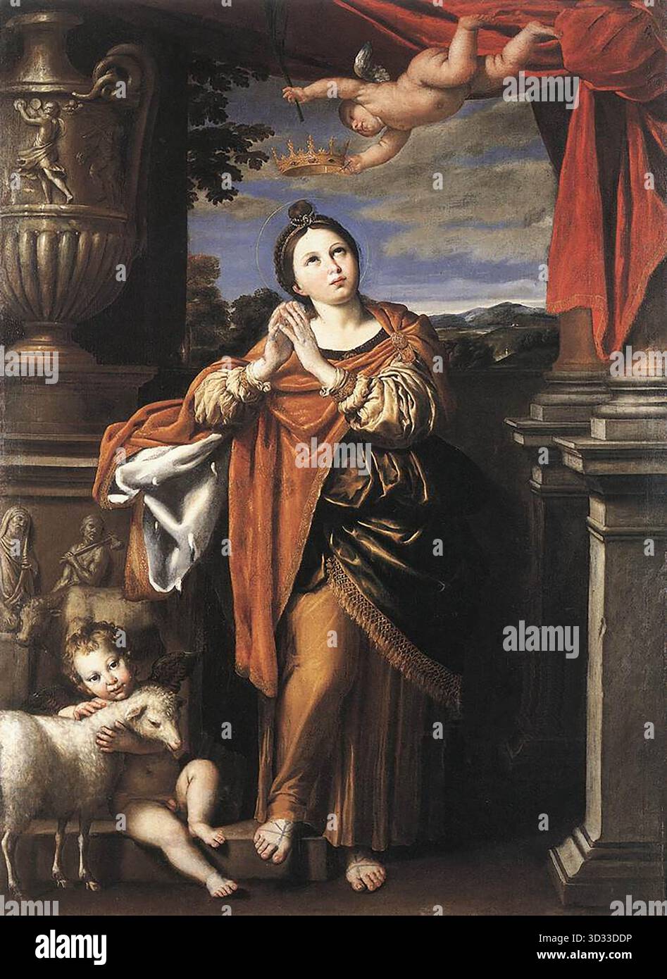 DOMENICHINO (* 1581, Bologna, d. 1641, Neapel) Saint Agnes ca. 1620 Öl auf Leinwand, 213,4 x 152,4 cm Königliche Sammlung, Windsor das Gemälde kann um 1620 auf Stilbeweise datiert werden. Vergleiche sind möglich mit den beiden großen Altaraufsätzen der Madonna del Rosario und des Martyriums von Saint Agnes, beide in Bologna (Pinacoteca), obwohl König David, der die Harfe spielt, eine passendere Gegenüberstellung bietet. Alle diese Werke scheinen in Bologna gemalt worden zu sein, bevor Domenichino 16 zu seinem dritten längeren Aufenthalt nach Rom zurückkehrte Stockfoto