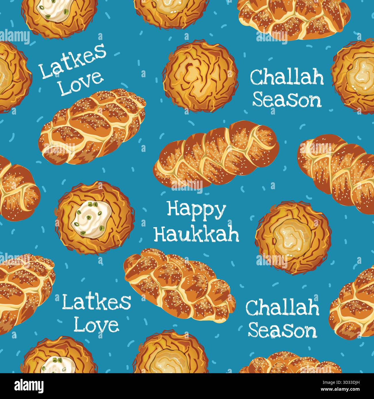 Latkes, Challah Brot und Feiertagsgrüße auf blauem Hintergrund. Nahtloses Hanukkah-Lebensmittelmuster-Kunstwerk Stock Vektor
