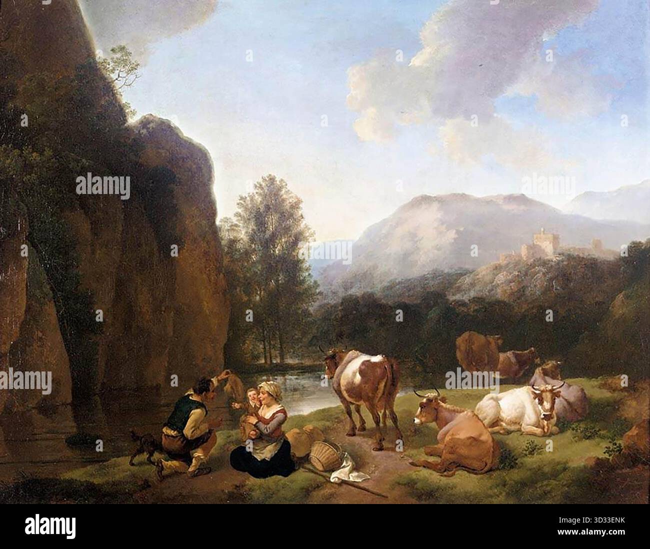 DIETRICH, Christian Wilhelm Ernst (* 1712, Weimar, d. 1774, Dresden) Italienische Landschaft - Öl auf Leinwand, 56 x 71 cm Privatsammlung das Gemälde zeigt eine italienische Berglandschaft mit einer Hirtenfamilie mit Herde und Hund in der Nähe. --- Schlüsselwörter: ----------------- Autor: DIETRICH, Christian Wilhelm Ernst Titel: Italienische Landschaft Zeitlinie: 1701-1750 Schule: Deutsch Form: Malerei Art: Landschaft Stockfoto