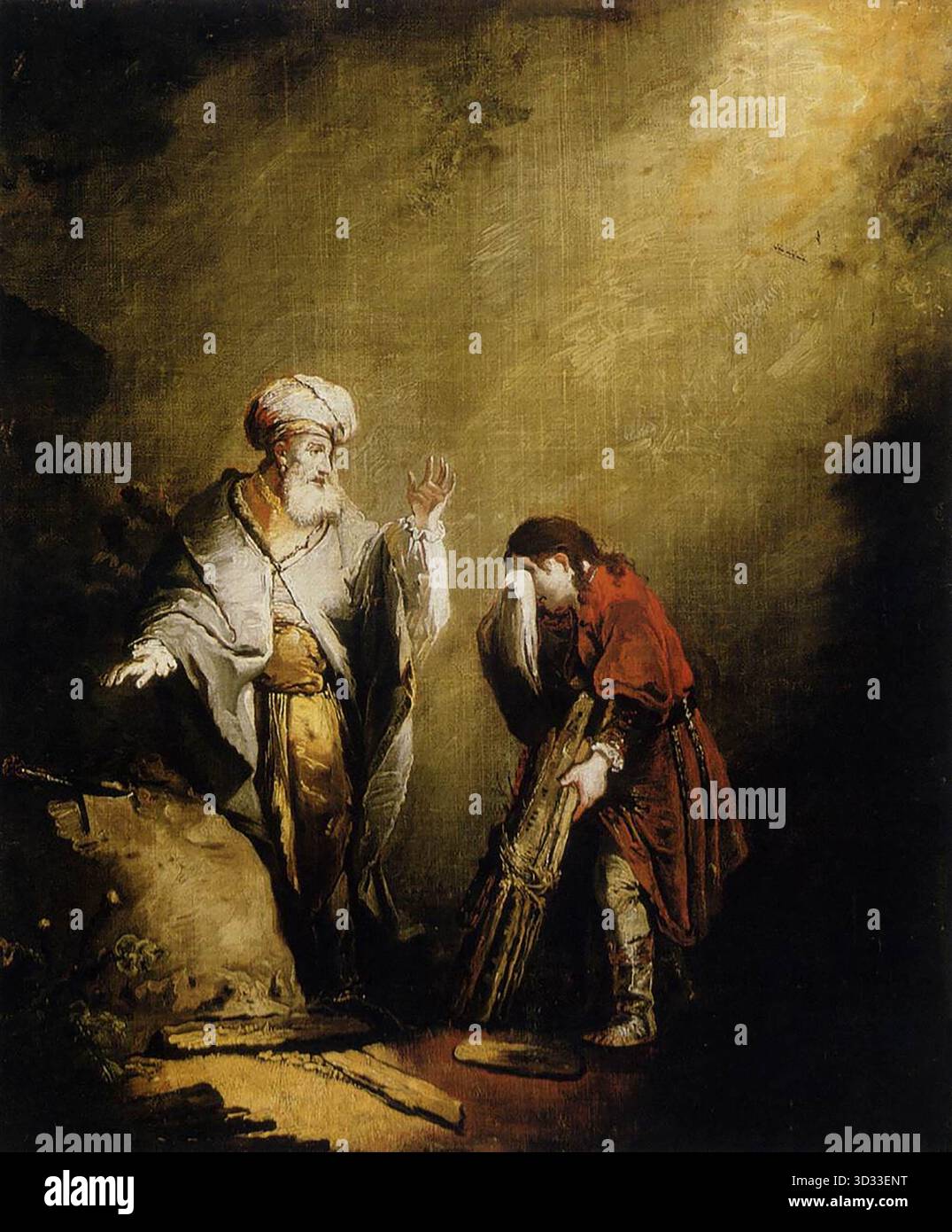 DIETRICH, Christian Wilhelm Ernst (* 1712, Weimar, d. 1774, Dresden) das Opfer des Isaak - Öl auf Leinwand, 66 x 54 cm SZ?pm?V?szeti M?zeum, Budapest dieses Gemälde basiert auf einem Stich von Rembrandt. Es zeigt eine frühere Episode in der biblischen Geschichte, als Isaaks Frage: "Siehe, das Feuer und das Holz: Aber wo ist das Lamm zum Brandopfer?" Abraham antwortete: "Mein Sohn, Gott wird selbst ein Lamm zum Brandopfer geben." --- Schlüsselwörter: ----------------- Autor: DIETRICH, Christian Wilhelm Ernst Titel: Das Opfer Isaaks Zeitlinie: 1701-1750 Schule: Deutsche Form: pai Stockfoto
