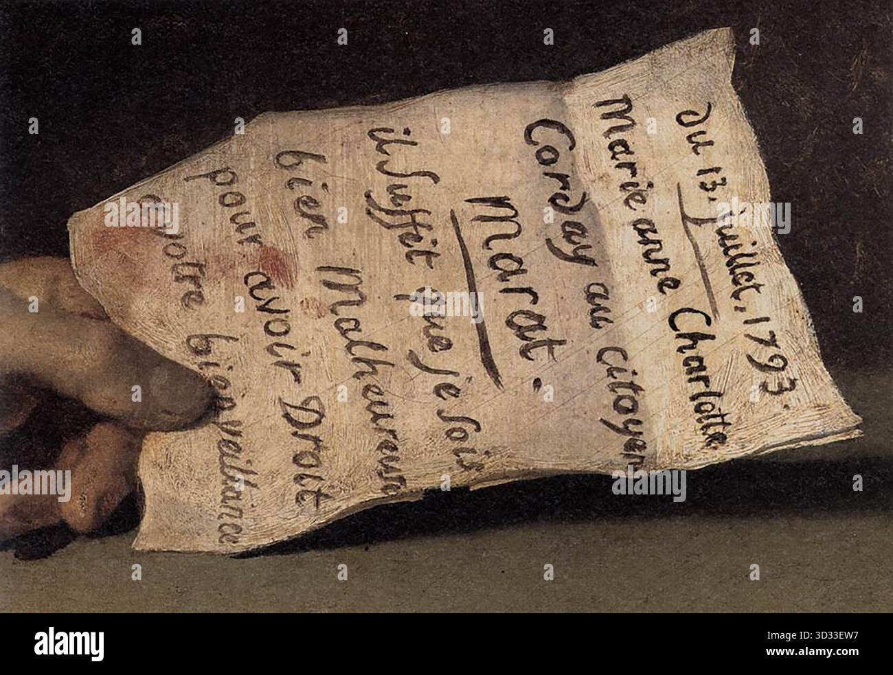 DAVID, Jacques-Louis (* 1748, Paris, d. 1825, Bruxelles) der Tod von Marat (Detail) 1793 Öl auf Leinwand Mus?es Royaux des Beaux-Arts, Brüssel in seiner linken Hand hält Marat Charlotte Corday's hinterhältige Notiz, die (in Davids eigener Handschrift) lautet: '13. Juli 1793: Marie-Anne-Charlotte Corday an Bürger Marat/ es reicht für mich, wirklich elend zu sein, ein Recht auf deine Güte zu haben.'. Corday's eigentliche Notiz an Marat war zu Ende: Ich werde um der Freiheit willen verfolgt; ich bin unglücklich, das reicht aus, um mir das Recht auf Ihren Schutz zu geben", und die Änderung des Wortlauts deutet darauf hin, dass sie einverstanden ist Stockfoto