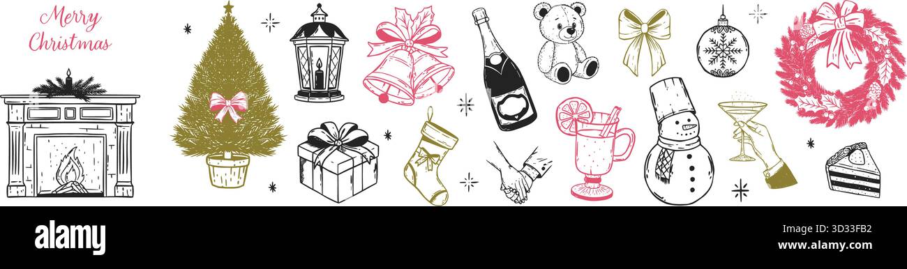 Wunderbares weihnachtliches, gemütliches Set. Handgezeichneter Kamin, Baum, Glocken, Geschenke, Champagner, Kranz, Schneemänner und festliche Bögen für eine Vintage-Wintereinladung Stock Vektor