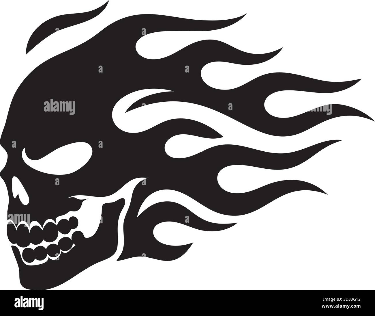 Aggressives Flaming Skull Profil Vektor - Schwarze Silhouette mit Feuer und Speed Trails für Biker, Rock und Gaming Logo Stock Vektor