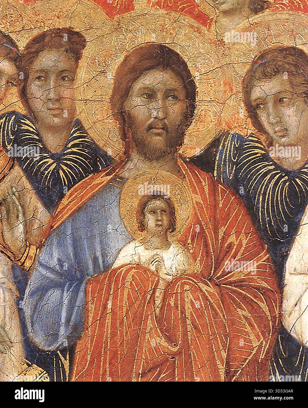 DUCCIO di Buoninsegna (* ca. 1255, Siena, d. 1319, Siena) Tod der Jungfrau (Detail) 1308-11 Tempera auf Holz Museo dell'Opera del Duomo, Siena Christus hält die Aniula hoch, die Seele Marias, die gerade gestorben ist. --- Schlüsselwörter: ----------------- Autor: DUCCIO di Buoninsegna Titel: Tod der Jungfrau (Detail) Zeitlinie: 1301-1350 Schule: Italienisch Form: Malerei Art: Religiös Stockfoto